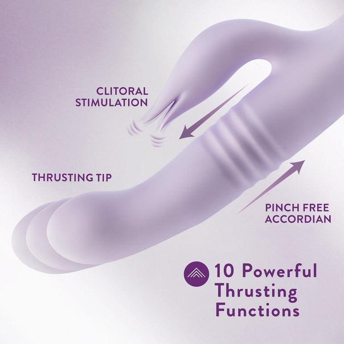 The Rylee Clit Fluttering G-Spot Thrusting Rabbit by Blush is a purple vibrator featuring Clitoral Stimulation, a Thrusting Tip, and Pinch Free Accordion. The text at the bottom reads "10 Powerful Thrusting Functions." It has a smooth, curved design with textured thrusters for enhanced G-spot stimulation.