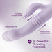 The Rylee Clit Fluttering G-Spot Thrusting Rabbit by Blush is a purple vibrator featuring Clitoral Stimulation, a Thrusting Tip, and Pinch Free Accordion. The text at the bottom reads "10 Powerful Thrusting Functions." It has a smooth, curved design with textured thrusters for enhanced G-spot stimulation.