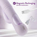 A purple Rylee Clit Fluttering G-Spot Thrusting Rabbit from Blush, featuring charging icons, lies beside a USB charging cable and a magnetic charging head. The text "Magnetic Recharging USB Rechargeable" is at the top, emphasizing its versatility for clitoral massaging. The background is a soft, out-of-focus light purple.