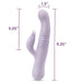 Introducing the Rylee Clit Fluttering G-Spot Thrusting Rabbit by Blush, a light purple vibrator designed for dual stimulation with a smooth, curved aesthetic. The main shaft is 9.25 inches long and 1.5 inches wide, ideal for G-spot pleasure, while the secondary arm measures 5.25 inches in length to massage the clitoris effectively. Measurement indicators and text are conveniently placed next to the toy for easy reference.