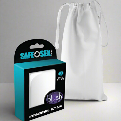 The Safe Sex Antibacterial Toy Bag - Large from Blush Novelties, shown with its packaging box, offers a lint-free design for clean storage and can accommodate toys up to 12 inches. It features antimicrobial properties and is labeled "SAFE+SEX." The bag comes in white.