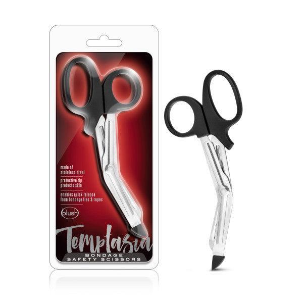 Black-handled Temptasia safety scissors for bondage tape with a blunt tip, designed for quick release from bondage tape or ropes, packaged in a Blush product casing with the words "Blush Novelties Temptasia Bondage.