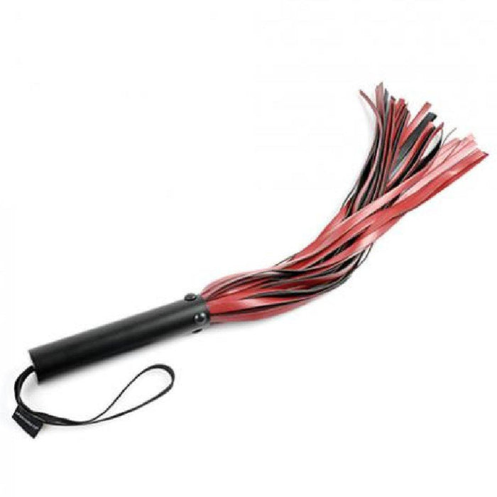 Saffron Flogger by Sportsheets black and red flogger on an angle on white background 