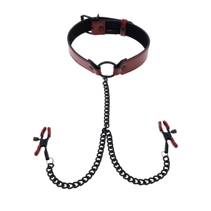 Black and red Sportsheets Saffron Collar with Nipple Clamps, isolated on a white background.