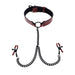 Black and red Sportsheets Saffron Collar with Nipple Clamps, isolated on a white background.