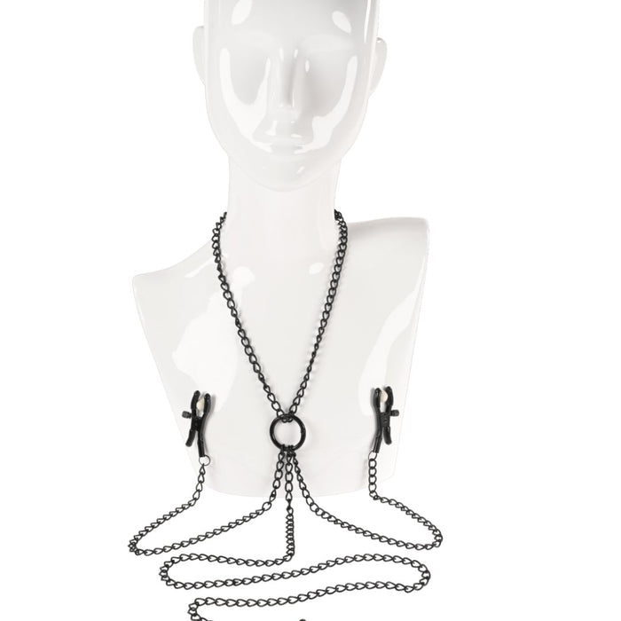Mannequin bust showcasing a Sportsheets Saffron Nipple to Clit Clamp and Chain Set, ideal for sensation play.