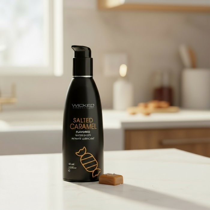 A 2oz bottle of Wicked Aqua Salted Caramel Flavored Water Based Lubricant sits on a kitchen counter next to caramel candy, with a softly lit kitchen in the background.