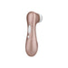 The Satisfyer Pro 2 Waterproof Pressure Wave Clitoral Stimulator in rose gold features a white silicone tip, dual control buttons on its curved body, and advanced pressure wave technology, shown against a white background.