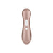 The Satisfyer Pro 2 Waterproof Pressure Wave Clitoral Stimulator in rose gold features a white power button and curved design, shown against a plain white background.