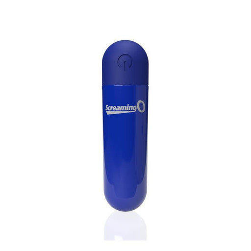 The Screaming O Powerful Rumbly Rechargeable Blue Bullet Vibrator is a small, blue, cylindrical vibrator with a rounded top and white "Screaming O" text, standing upright against a white background. It's waterproof for versatile use.