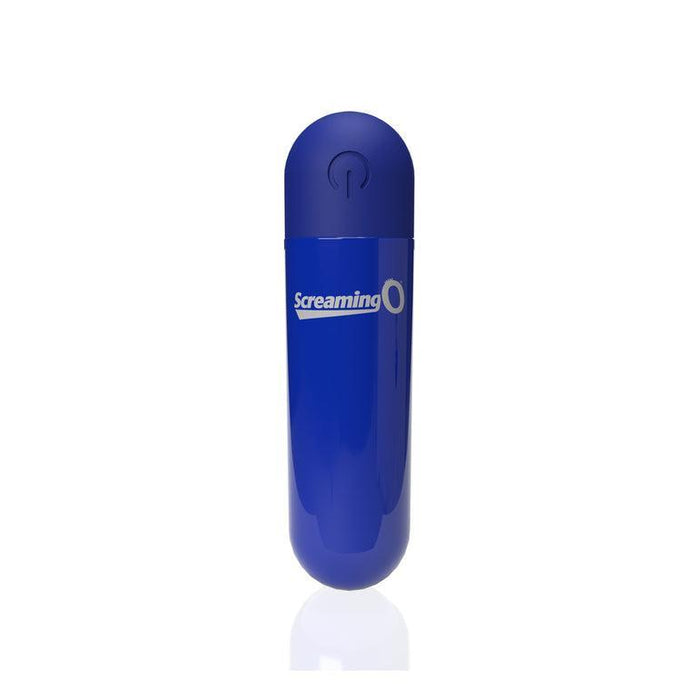 The Screaming O Powerful Rumbly Rechargeable Blue Bullet Vibrator is a small, blue, cylindrical vibrator with a rounded top and white "Screaming O" text, standing upright against a white background. It's waterproof for versatile use.
