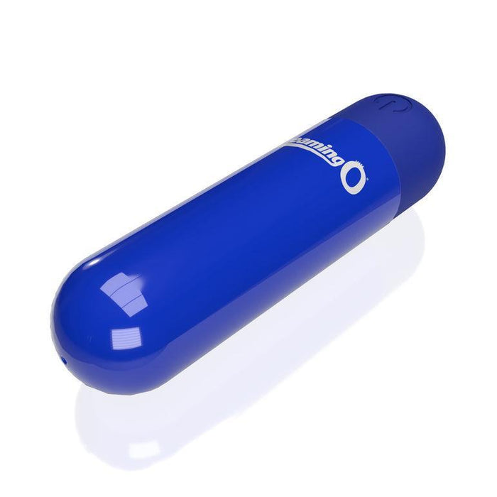 A blue, cylindrical waterproof case with a rounded end features the "Swim O" logo and is designed to hold the Screaming O Powerful Rumbly Rechargeable Blue Bullet Vibrator, shown against a white background.