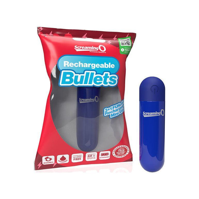 The Screaming O Powerful Rumbly Rechargeable Blue Bullet Vibrator stands next to its red and clear "Rechargeable Bullets" packaging, which highlights product details and waterproof icons at the bottom.