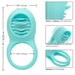 Infographic showcasing a teal-colored, multi-featured French Kiss Silicone Vibrating Cock Ring for Couples from CalExotics with dimensions and key attributes such as its stretchy silicone material, multiple stimulation functions, and dual support ring design highlighted.