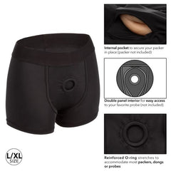 A Boundless Strap-on Boxer Brief - L/XL by CalExotics image showcasing black boxer briefs designed with a special internal pocket and reinforced o-ring for securing prosthetics, with indications that the packer is not included. The briefs feature a double panel