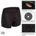 Black l/xl size Boundless Strap-on Boxer Briefs with special features: an internal pocket for securing a packer, a double panel interior for easy access, and a reinforced o-ring for compatibility with most packers by CalExotics.