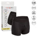 Product packaging and a pair of black boxer briefs with a comfort harness, displayed next to the CalExotics Boundless Strap-on Boxer Brief - 2XL/3XL box. The box indicates size L/XL, fits most probes.
