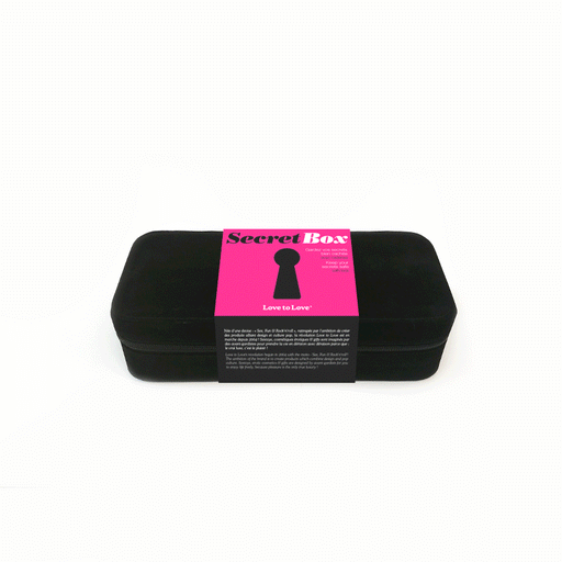 The Secret Black Velvet Sex Toy Storage Box is a rectangular black velvet case with a bright pink "Secret Box" label featuring a keyhole graphic and "Love to Love" text, ideal for discreet travel.