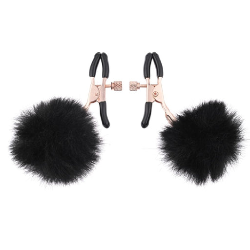 Sex and Mischief Faux Fur Nipple Clamps - Black with gold clamps and black tips 