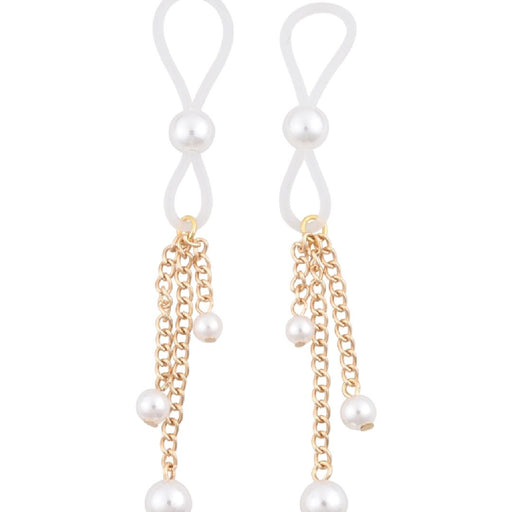 Sex and Mischief Gold & Pearl Nipple Ties upright on white background 
