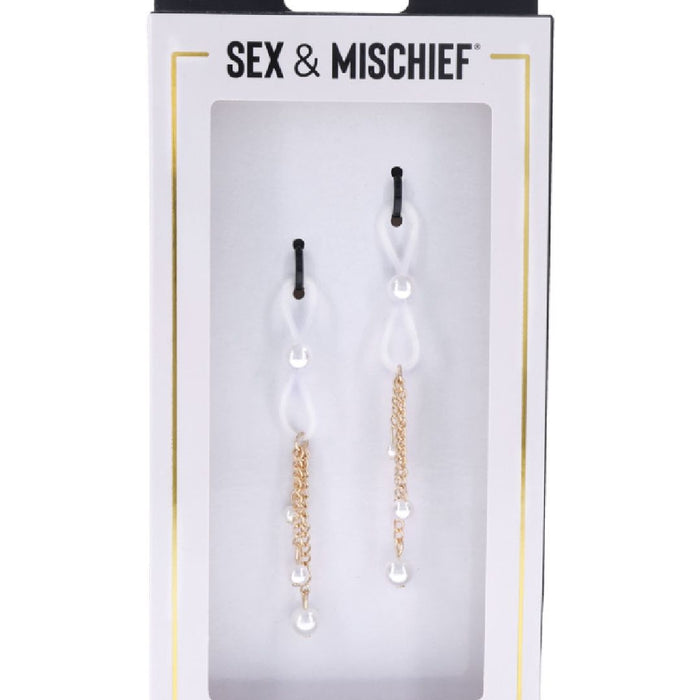 Sex and Mischief Gold & Pearl Nipple Ties in a box