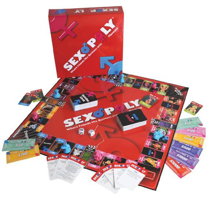 An adult-themed board game called "Sexopoly Game: Where Friends Mix Business with Pleasure," by Creative Conceptions, with its box, game board, and various cards and money spread out for an intimate and sexy gaming experience.