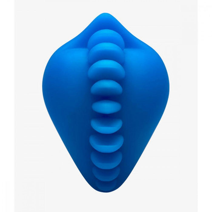 The Shagger Extreme Textured Dildo Base for Harness Play by Bumpher, presented by Bananapants in an Azure Blue hue, is a uniquely shaped silicone sex toy adorned with a row of round, raised bumps along its vertical center. The product is depicted against a plain white background.
