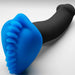 The Shagger Extreme Textured Dildo Base for Harness Play by Bumpher by Bananapants features a striking two-toned design in black and azure blue. The black portion of this silicone sex toy is cylindrical, while the azure blue end boasts textured ridges that resemble teeth or spikes, creating a visually and tactilely intriguing contrast. Presented on a white, smooth surface, this manual stimulator offers an appeal that is both sensual and eye-catching.