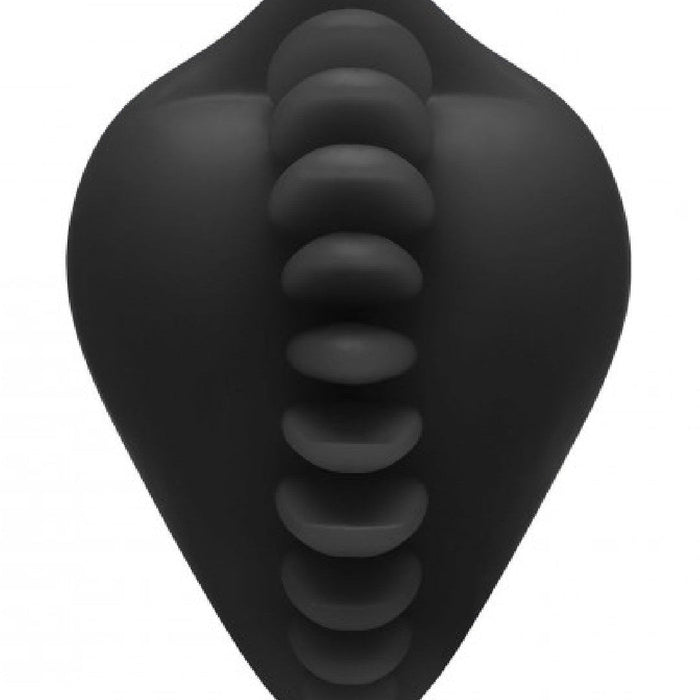 A black abstract 3d artwork featuring a series of rounded shapes aligned vertically down the center of a shield-like silhouette, all in a smooth, matte black texture designed as a Shagger Extreme Textured Dildo Base for Harness Play by Bananapants.