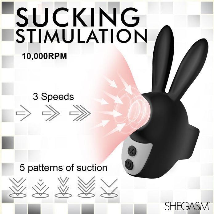 A promotional image for XR Brands' Shegasm Sucky Bunny Beginner Clit Stimulator, showcasing a black, rabbit-shaped device crafted from body-safe silicone. The text emphasizes features such as "Sucking Stimulation," "10,000 RPM," "3 Speeds," and "5 Patterns of Suction." Graphics depict airflow and clitoral suction patterns.
