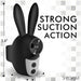 An image of a black, bunny-shaped object branded "SHEGASM" by XR Brands features ears and a 0.6-inch mouth-like suction area, along with respective measurements. The text reads "STRONG SUCTION ACTION." Crafted from body-safe silicone for beginners in vibrators, the dimensions are 3.4", 2.1", and 1.3". This product is the Shegasm Sucky Bunny Beginner Clit Stimulator.