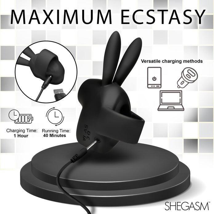 A black Shegasm Sucky Bunny Beginner Clit Stimulator, crafted from body-safe silicone, is displayed on a charging stand. The image highlights "Maximum Ecstasy" and mentions versatile charging methods via USB or electrical outlet. Charging time: 1 hour, Running time: 40 minutes. Brand name: XR Brands.