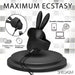 A black Shegasm Sucky Bunny Beginner Clit Stimulator, crafted from body-safe silicone, is displayed on a charging stand. The image highlights "Maximum Ecstasy" and mentions versatile charging methods via USB or electrical outlet. Charging time: 1 hour, Running time: 40 minutes. Brand name: XR Brands.