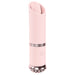 The Luxe Mini Lipstick Vibrator Rechargeable Silicone is a pink, cylindrical vibrator with a curved top, metallic perforated base, and power button symbol—making it a discreet travel-friendly pleasure device.