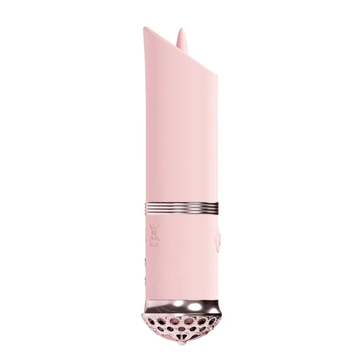 The Luxe Mini Lipstick Vibrator Rechargeable Silicone is a pink, cylindrical vibrator with a metallic vented base, side button, and a curved pointed tip for discreet, modern style—perfect for travel.