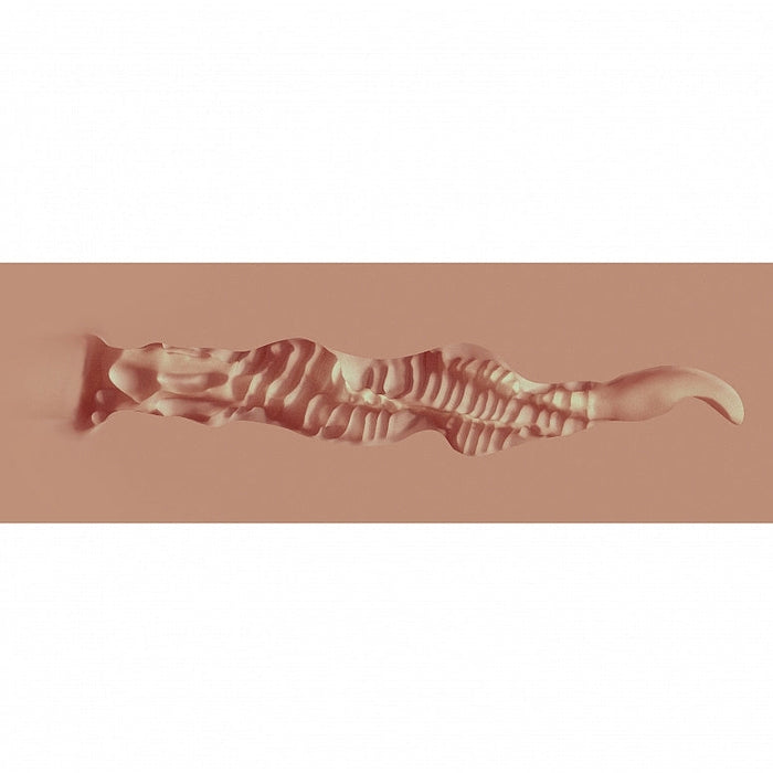 The Bettie Blowkiss Pinup Fantasy Pocket Pussy features a long, wavy, and textured abstract form with ridges and grooves, evoking vintage glamour and displayed horizontally against a solid light pink background.