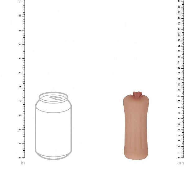 An object resembling a hot dog stands upright beside a soda can outline, both on a white background with rulers for scale, evoking vintage glamour and showcasing the style of the Bettie Blowkiss Pinup Fantasy Pocket Pussy.