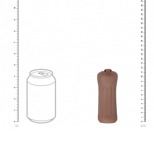 The Lulu Liplust Pinup Fantasy Pocket Pussy, a brown, cylindrical handheld stroker with a rounded top and textured inner canal, is shown next to a soda can outline and rulers for scale. It's about the same height as the can.