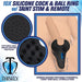 A promotional image for the "Silicone Cock & Ball Ring w/ Taint Stim & Remote Control" by XR Brands. The image features a black silicone cock ring with textured areas for testicle stimulation and an accompanying remote control. The brand logo is displayed in the bottom left corner.