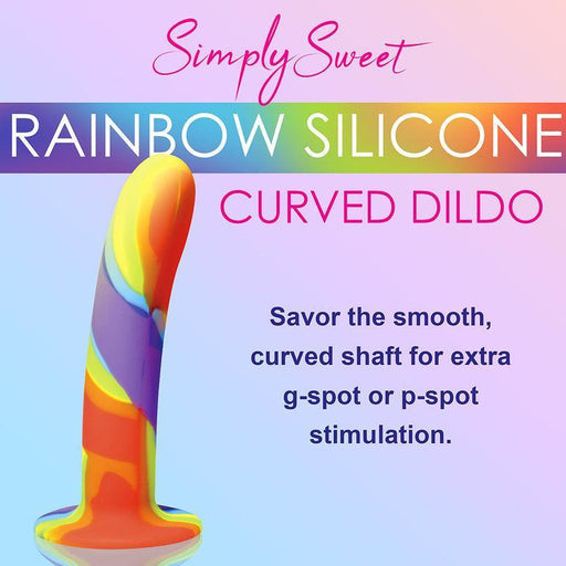 Promotional image showcasing the "Simply Sweet 7" Rainbow Silicone Dildo" by Curve Toys. This rainbow-colored dildo features a smooth, curved shape ideal for G-spot or P-spot stimulation and includes a strong suction cup for hands-free play. The backdrop is adorned with a gradient of pastel colors.