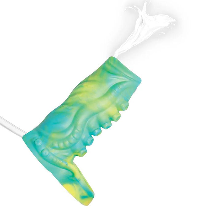 The Siphon Green Tentacle Squirting Penis Enhancer features a vibrant tentacle design with blue and yellow swirls, textured surface, and a tube for pumping white liquid, bringing extra excitement to your fantasy play.