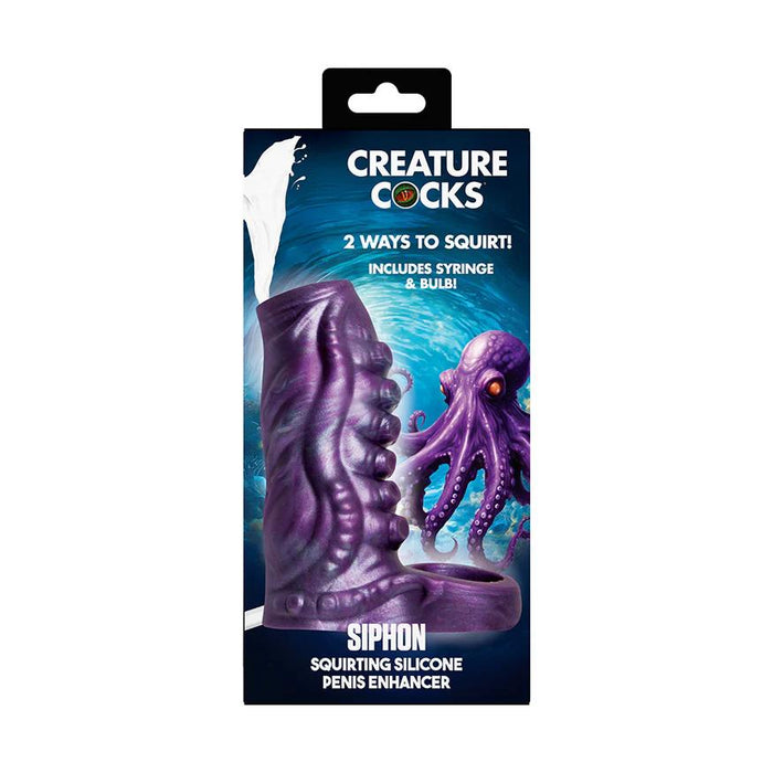 The image shows packaging for the "Siphon Tentacle Squirting Purple Penis Enhancer," a squirting sleeve with a purple tentacled toy, an illustrated octopus, and highlights for the included syringe and bulb.