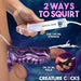 A hand uses a 100 ml syringe and another squeezes a 30 ml bulb, both attached to the Siphon Tentacle Squirting Purple Penis Enhancer. Text: "2 ways to squirt: Use 100 ml syringe or 30 ml bulb.