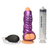 The Siphon Tentacle Squirting Purple Penis Enhancer, featuring a textured purple sleeve with a realistic tip, comes with a black hand pump and tube plus a large clear "CREATURE COCKS" syringe—ideal for strap-on fantasy play.