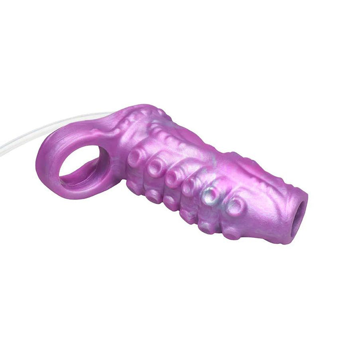 The Siphon Tentacle Squirting Purple Penis Enhancer is a shiny, iridescent purple silicone sleeve with a textured surface, large loop, squirting hole, and attached white cord.