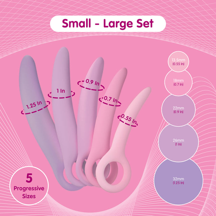 Skins Care Curved Vaginal Dilators 5-Piece Set features pastel, medical-grade silicone dilators in progressive sizes for pelvic health, displayed on a pink background and labeled "Small - Large Set" and "5 Progressive Sizes.