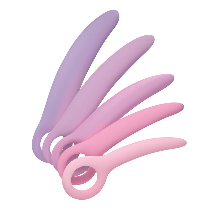 The Skins Care Curved Vaginal Dilators 5-Piece Set features gradient pink and purple medical-grade silicone dilators with curved shapes and circular handles, fanned out on a white background—perfect for pelvic health routines.