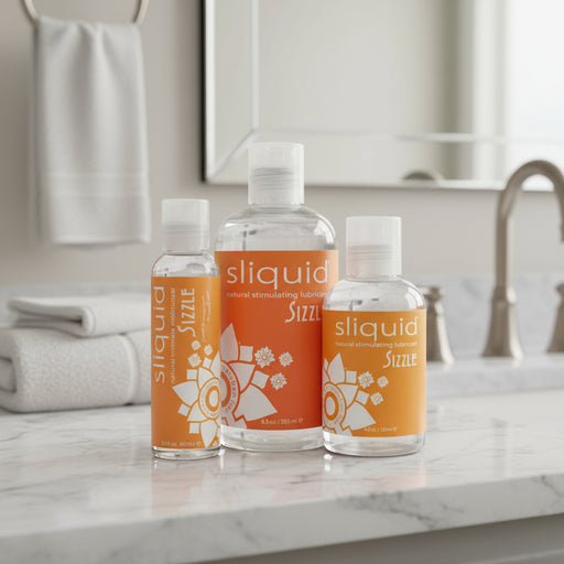 Three bottles of Sliquid Sizzle Natural Stimulating Lubricant, a vegan-friendly and water-based personal lubricant from Sliquid, in various sizes. The labels feature an orange background with white floral design elements. The arrangement has the largest bottle in the back, while two smaller bottles are positioned in front.