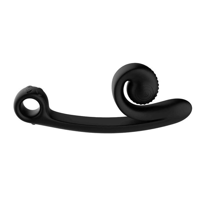 The Snail Vibe Curve Ultra Powerful 2 Motor Dual Stimulating Vibrator in black features a modern, sleek design with a circular handle on one end and a spiral-like structure on the other. This ergonomic and minimalist product from Snail Vibe is designed for ease of use and efficiency.