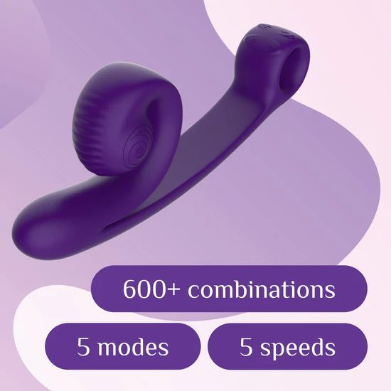 A Snail Vibe Curve Ultra Powerful 2 Motor Dual Stimulating Vibrator in purple, featuring Slide 'n Roll Technology, is displayed against a gradient background. Text on the image highlights "600+ combinations," "5 modes," and "5 speeds" for incredible g-spot stimulation.